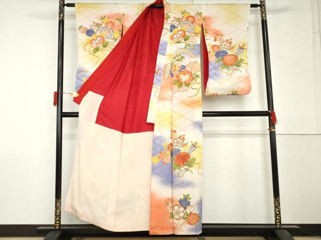 平和屋本店●アンティーク　大正ロマン　訪問着　駒刺繍　吉祥草花文　暈し染め　金銀糸　正絹　逸品　AABL7789cs