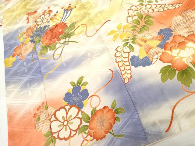 平和屋本店●アンティーク　大正ロマン　訪問着　駒刺繍　吉祥草花文　暈し染め　金銀糸　正絹　逸品　AABL7789cs