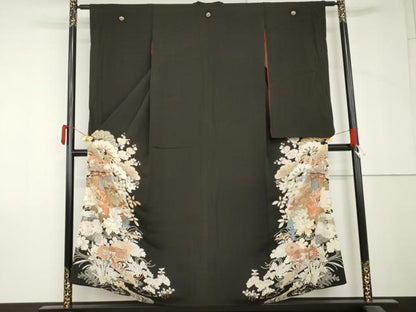 平和屋本店●アンティーク　大正ロマン　小振袖　二尺袖　駒刺繍　両褄　檜扇草花文　銀彩　正絹　逸品　AABL7790cs