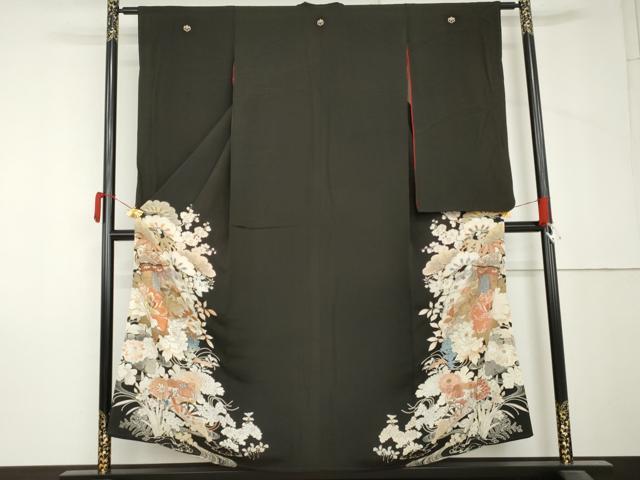 平和屋本店●アンティーク　大正ロマン　小振袖　二尺袖　駒刺繍　両褄　檜扇草花文　銀彩　正絹　逸品　AABL7790cs