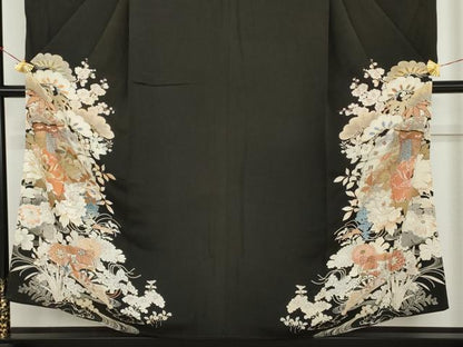 平和屋本店●アンティーク　大正ロマン　小振袖　二尺袖　駒刺繍　両褄　檜扇草花文　銀彩　正絹　逸品　AABL7790cs