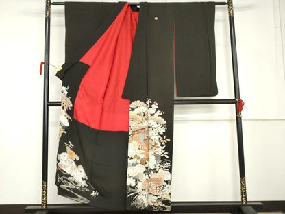 平和屋本店●アンティーク　大正ロマン　小振袖　二尺袖　駒刺繍　両褄　檜扇草花文　銀彩　正絹　逸品　AABL7790cs