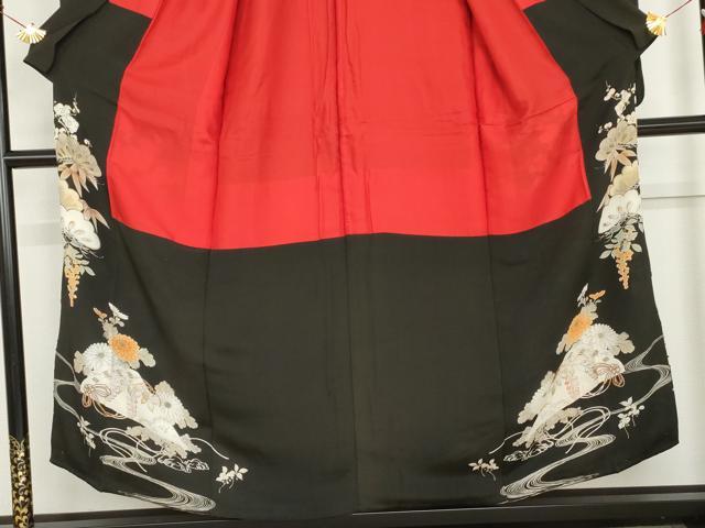 平和屋本店●アンティーク　大正ロマン　小振袖　二尺袖　駒刺繍　両褄　檜扇草花文　銀彩　正絹　逸品　AABL7790cs