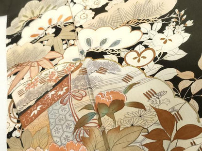 平和屋本店●アンティーク　大正ロマン　小振袖　二尺袖　駒刺繍　両褄　檜扇草花文　銀彩　正絹　逸品　AABL7790cs