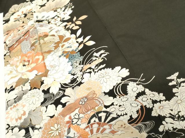 平和屋本店●アンティーク　大正ロマン　小振袖　二尺袖　駒刺繍　両褄　檜扇草花文　銀彩　正絹　逸品　AABL7790cs