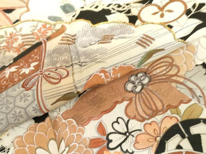 平和屋本店●アンティーク　大正ロマン　小振袖　二尺袖　駒刺繍　両褄　檜扇草花文　銀彩　正絹　逸品　AABL7790cs