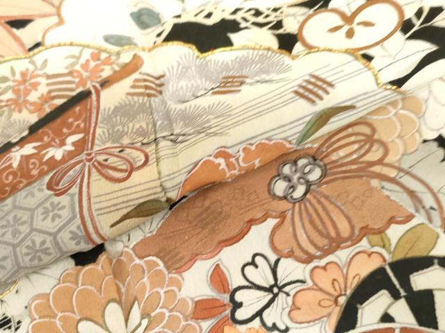 平和屋本店●アンティーク　大正ロマン　小振袖　二尺袖　駒刺繍　両褄　檜扇草花文　銀彩　正絹　逸品　AABL7790cs