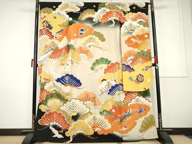 平和屋本店●アンティーク　大正ロマン　振袖　駒刺繍　吉祥松文　暈し染め　金糸　金彩　正絹　逸品　AABL7791cs