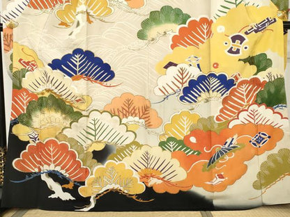 平和屋本店●アンティーク　大正ロマン　振袖　駒刺繍　吉祥松文　暈し染め　金糸　金彩　正絹　逸品　AABL7791cs
