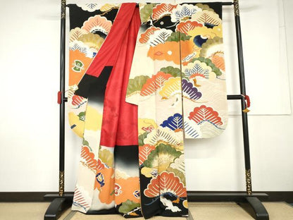 平和屋本店●アンティーク　大正ロマン　振袖　駒刺繍　吉祥松文　暈し染め　金糸　金彩　正絹　逸品　AABL7791cs
