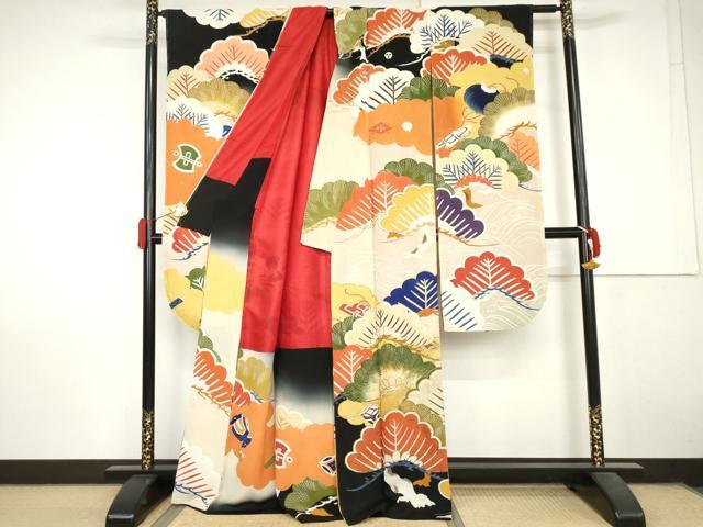 平和屋本店●アンティーク　大正ロマン　振袖　駒刺繍　吉祥松文　暈し染め　金糸　金彩　正絹　逸品　AABL7791cs