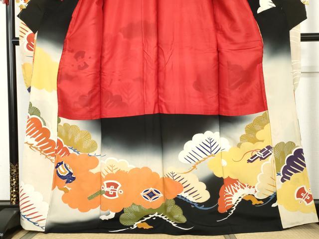 平和屋本店●アンティーク　大正ロマン　振袖　駒刺繍　吉祥松文　暈し染め　金糸　金彩　正絹　逸品　AABL7791cs