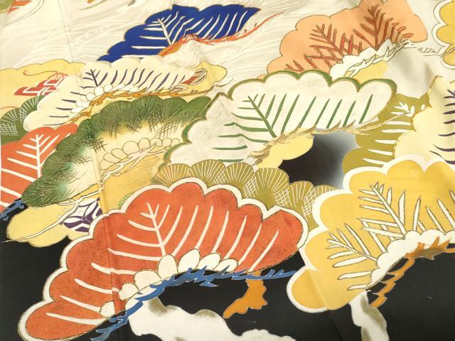 平和屋本店●アンティーク　大正ロマン　振袖　駒刺繍　吉祥松文　暈し染め　金糸　金彩　正絹　逸品　AABL7791cs