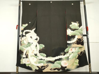 平和屋本店●アンティーク　大正ロマン　振袖　刺繍　鳳凰花松文　暈し染め　黒地　金彩　正絹　逸品　AABL7793cs