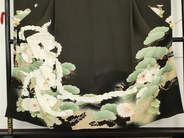 平和屋本店●アンティーク　大正ロマン　振袖　刺繍　鳳凰花松文　暈し染め　黒地　金彩　正絹　逸品　AABL7793cs