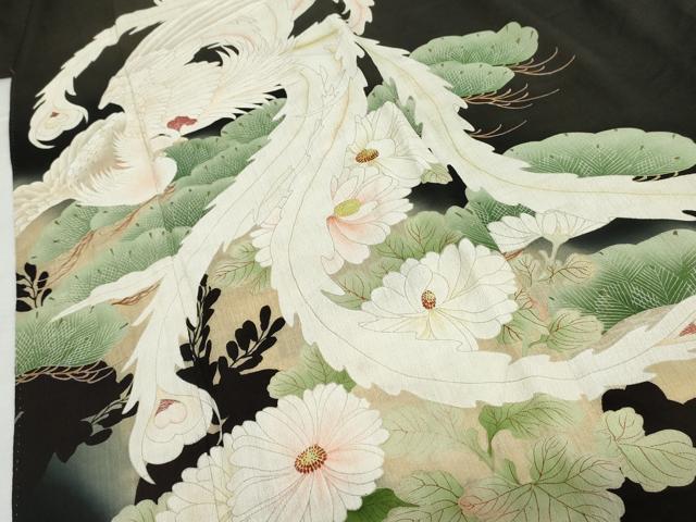 平和屋本店●アンティーク　大正ロマン　振袖　刺繍　鳳凰花松文　暈し染め　黒地　金彩　正絹　逸品　AABL7793cs