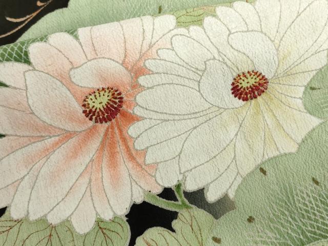 平和屋本店●アンティーク　大正ロマン　振袖　刺繍　鳳凰花松文　暈し染め　黒地　金彩　正絹　逸品　AABL7793cs