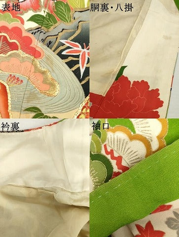 平和屋本店●アンティーク　大正ロマン　振袖　駒刺繍　孔雀飛鶴松竹梅文　金糸　金彩　正絹　逸品　AABL7796cs