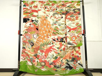 平和屋本店●アンティーク　大正ロマン　振袖　駒刺繍　孔雀飛鶴松竹梅文　金糸　金彩　正絹　逸品　AABL7796cs