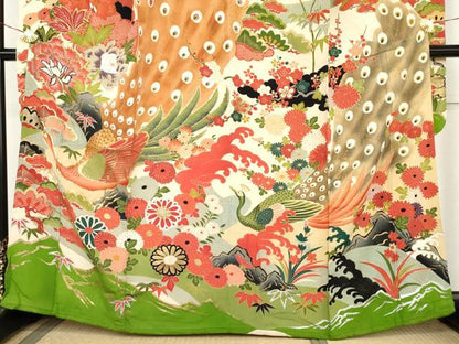 平和屋本店●アンティーク　大正ロマン　振袖　駒刺繍　孔雀飛鶴松竹梅文　金糸　金彩　正絹　逸品　AABL7796cs