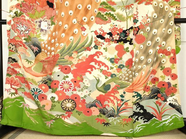 平和屋本店●アンティーク　大正ロマン　振袖　駒刺繍　孔雀飛鶴松竹梅文　金糸　金彩　正絹　逸品　AABL7796cs