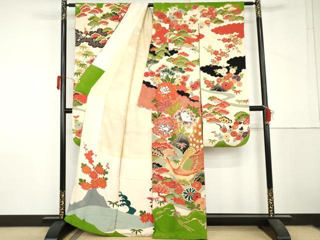 平和屋本店●アンティーク　大正ロマン　振袖　駒刺繍　孔雀飛鶴松竹梅文　金糸　金彩　正絹　逸品　AABL7796cs