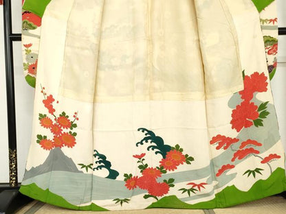 平和屋本店●アンティーク　大正ロマン　振袖　駒刺繍　孔雀飛鶴松竹梅文　金糸　金彩　正絹　逸品　AABL7796cs