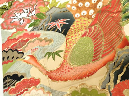 平和屋本店●アンティーク　大正ロマン　振袖　駒刺繍　孔雀飛鶴松竹梅文　金糸　金彩　正絹　逸品　AABL7796cs
