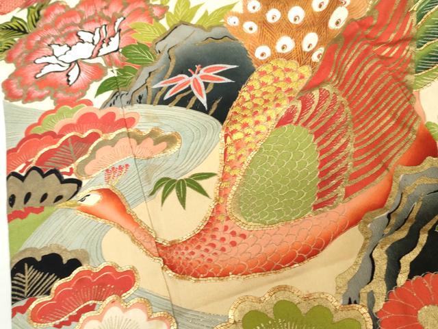 平和屋本店●アンティーク　大正ロマン　振袖　駒刺繍　孔雀飛鶴松竹梅文　金糸　金彩　正絹　逸品　AABL7796cs