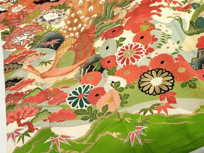平和屋本店●アンティーク　大正ロマン　振袖　駒刺繍　孔雀飛鶴松竹梅文　金糸　金彩　正絹　逸品　AABL7796cs