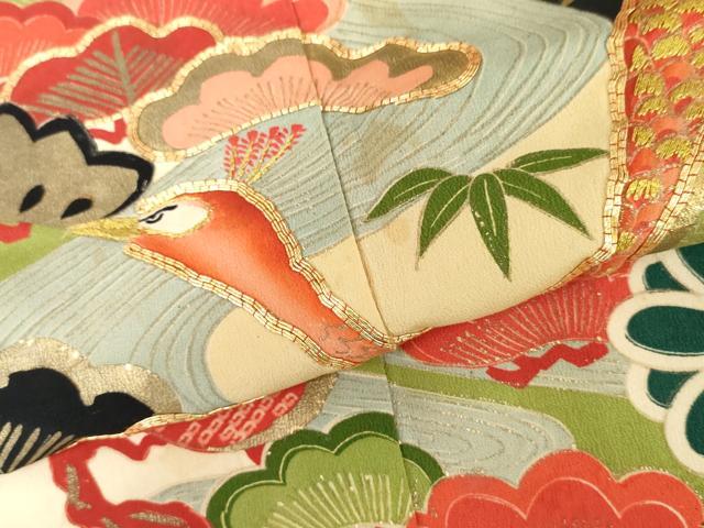 平和屋本店●アンティーク　大正ロマン　振袖　駒刺繍　孔雀飛鶴松竹梅文　金糸　金彩　正絹　逸品　AABL7796cs