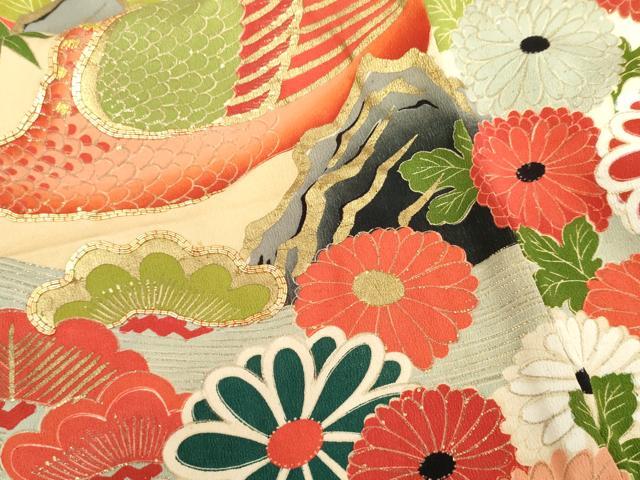 平和屋本店●アンティーク　大正ロマン　振袖　駒刺繍　孔雀飛鶴松竹梅文　金糸　金彩　正絹　逸品　AABL7796cs
