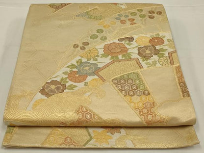 平和屋着物◎六通柄袋帯　立波花文　金糸　正絹　逸品　AABL7803ou
