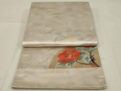 平和屋着物◎西陣　廣部商事謹製　全通柄袋帯　唐織　作家物　ワンポイント　飛鶴花文　銀糸　正絹　逸品　未使用　AABL7804ou