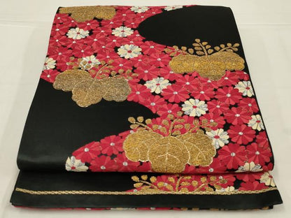 平和屋着物◎六通柄袋帯　唐織　花桐文　黒地　金銀糸　正絹　逸品　AABL7809ou
