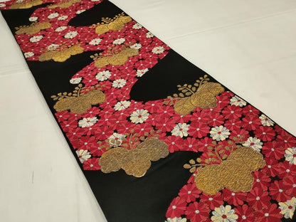 平和屋着物◎六通柄袋帯　唐織　花桐文　黒地　金銀糸　正絹　逸品　AABL7809ou
