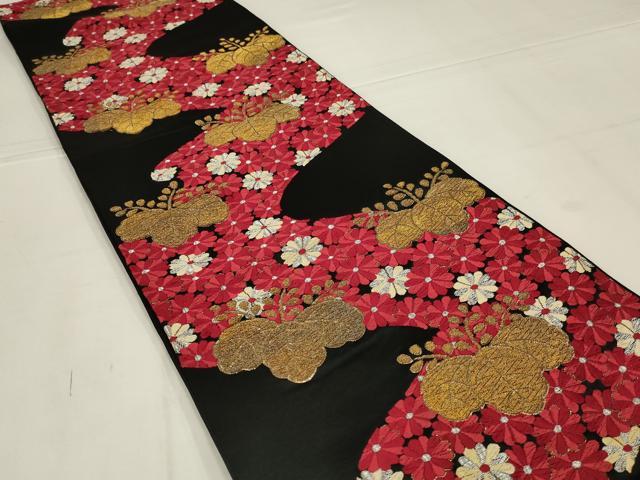 平和屋着物◎六通柄袋帯　唐織　花桐文　黒地　金銀糸　正絹　逸品　AABL7809ou