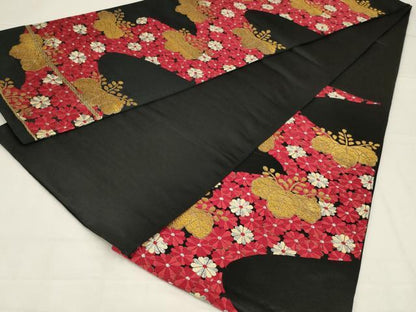 平和屋着物◎六通柄袋帯　唐織　花桐文　黒地　金銀糸　正絹　逸品　AABL7809ou