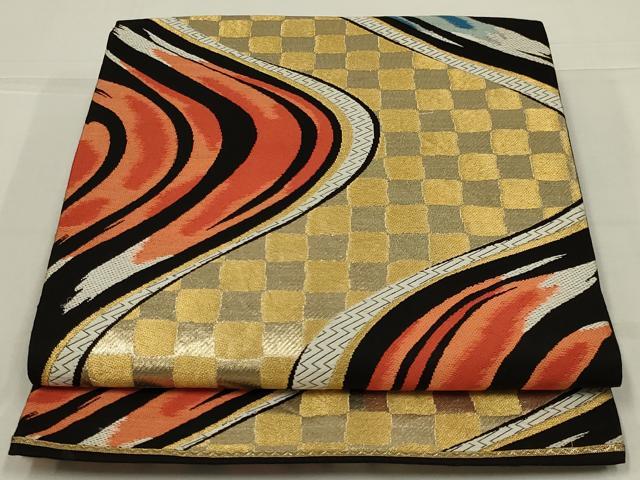 平和屋着物◎六通柄　本袋帯　唐織　流水文　黒地　金糸　正絹　逸品　AABL7831ou