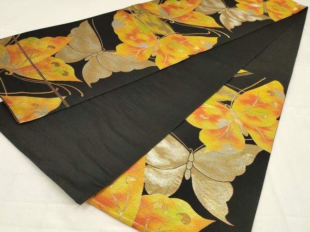 平和屋着物◎六通柄袋帯　舞蝶文　黒地　金糸　正絹　逸品　AABL7832ou