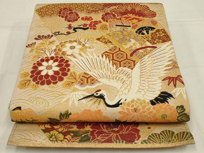 平和屋着物◎アンティーク　大正ロマン　丸帯　地紙吉祥花文　金糸　正絹　逸品　AABL7835ou