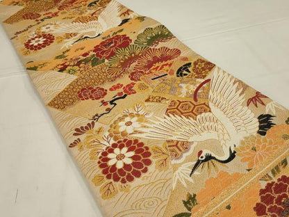 平和屋着物◎アンティーク　大正ロマン　丸帯　地紙吉祥花文　金糸　正絹　逸品　AABL7835ou