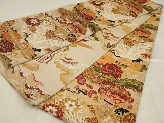 平和屋着物◎アンティーク　大正ロマン　丸帯　地紙吉祥花文　金糸　正絹　逸品　AABL7835ou