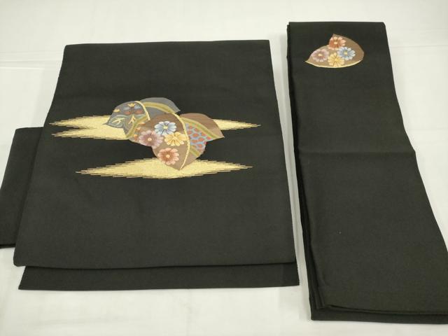 平和屋着物◎爪掻き本綴れ　つけ帯　草花文　黒地　金糸　正絹　逸品　未使用　AABL7837ou