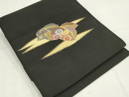 平和屋着物◎爪掻き本綴れ　つけ帯　草花文　黒地　金糸　正絹　逸品　未使用　AABL7837ou