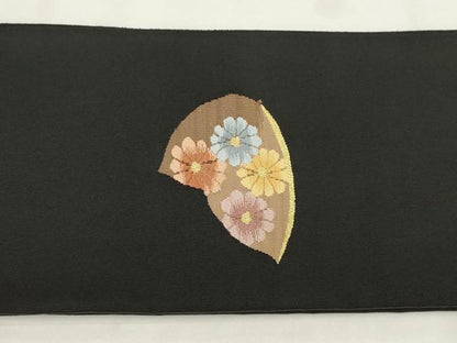 平和屋着物◎爪掻き本綴れ　つけ帯　草花文　黒地　金糸　正絹　逸品　未使用　AABL7837ou