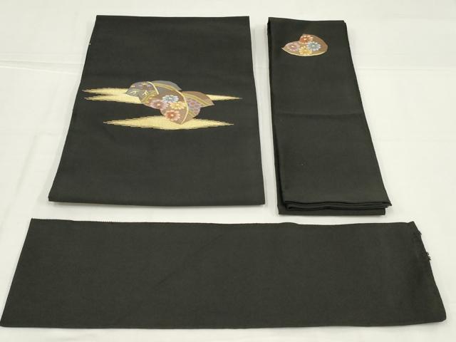 平和屋着物◎爪掻き本綴れ　つけ帯　草花文　黒地　金糸　正絹　逸品　未使用　AABL7837ou