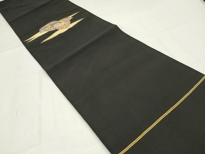平和屋着物◎爪掻き本綴れ　つけ帯　草花文　黒地　金糸　正絹　逸品　未使用　AABL7837ou