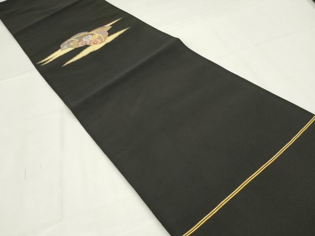 平和屋着物◎爪掻き本綴れ　つけ帯　草花文　黒地　金糸　正絹　逸品　未使用　AABL7837ou