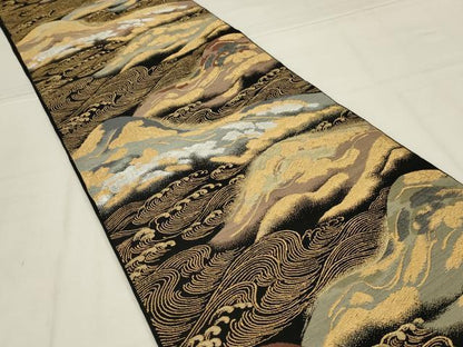 平和屋着物◎六通柄　本袋帯　遠山立波文　黒地　金銀糸　正絹　逸品　AABL7840ou